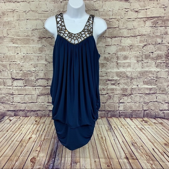 BCBGMAXAZRIA Blue Sequin Embellished Cut Out Neck Sleeveless Mini Dress - Picture 1 of 14